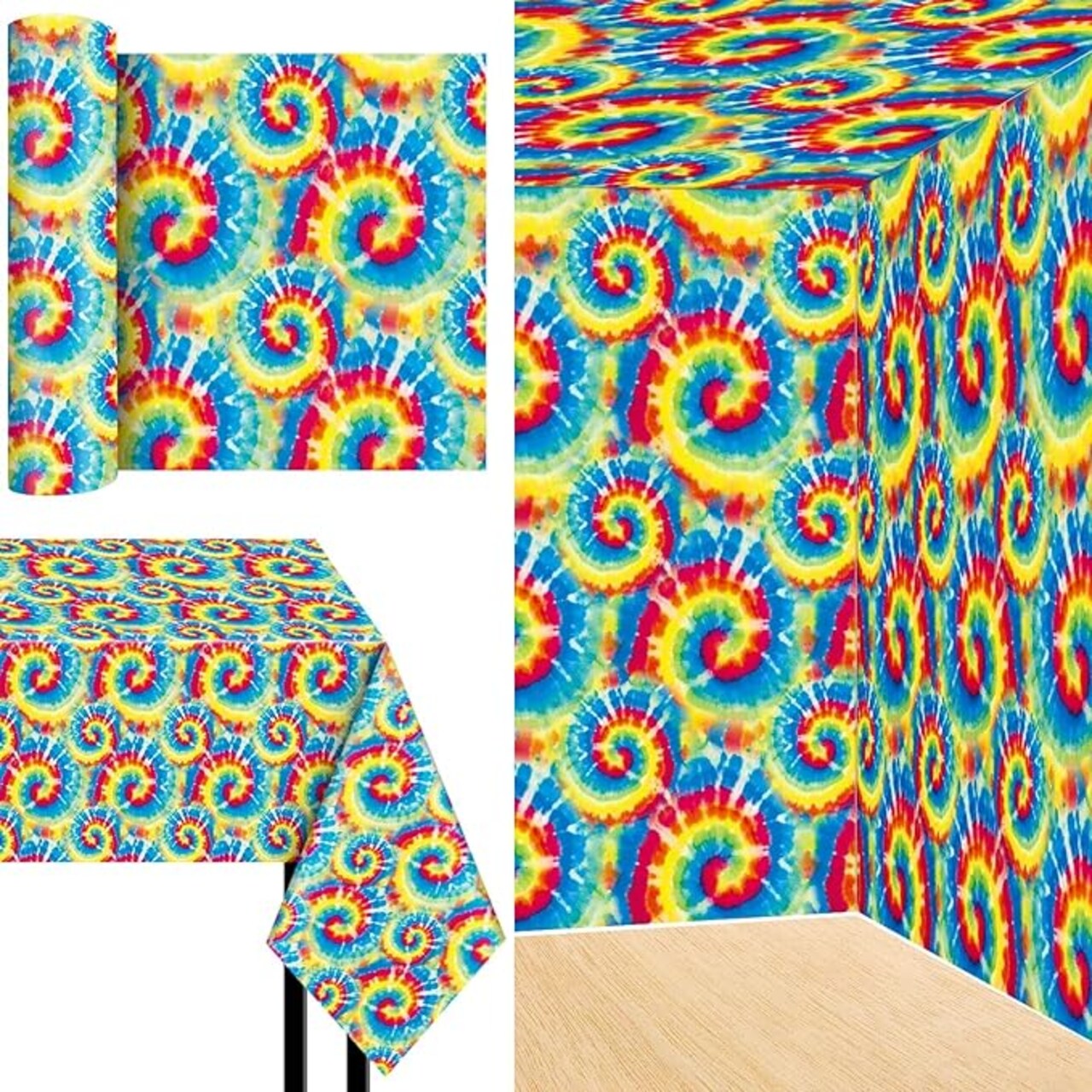 100 ft Long Tie Dye Tablecloth Roll Hippie Tablecloth 60s Party Decorations Colorful Rainbow Swirls Table Cloth for Tie Dye Party Decorations Supplies